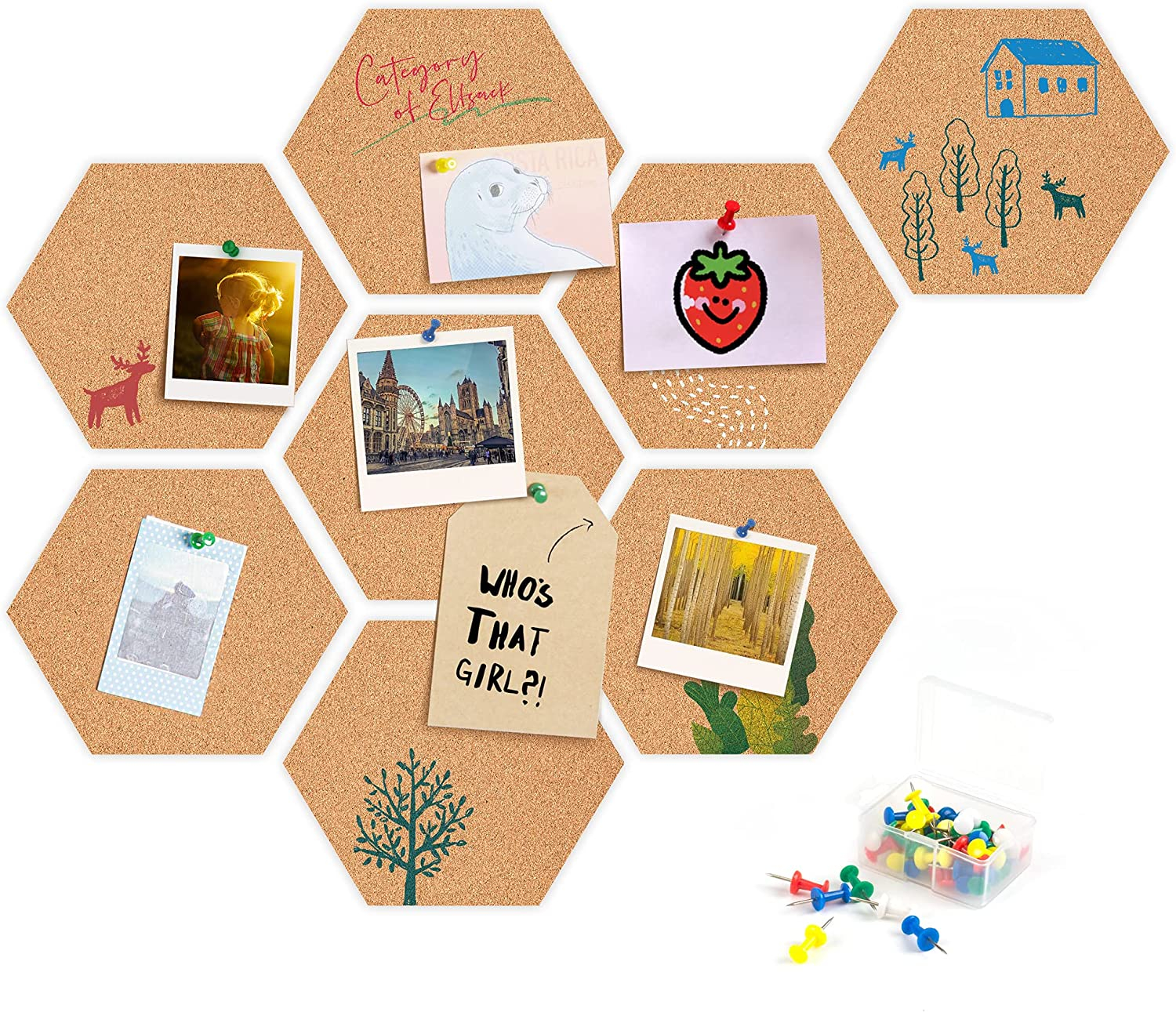 (8er Set) 20cm Selbstklebende DIY Kork Pinnwand Hexagon Tafel Bastel Korkplatte inkl. Pinnadeln - Braun
