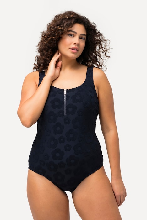 Badeanzug, Blumen-Struktur, Zipper, ohne Softcups