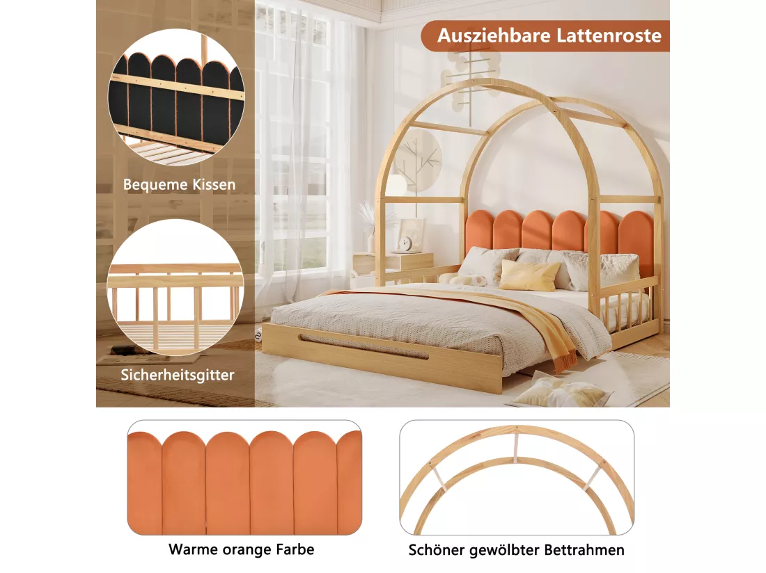 Lit gigogne 140 x 200 cm, lit enfant en bois de pin, sommier inclus - naturel