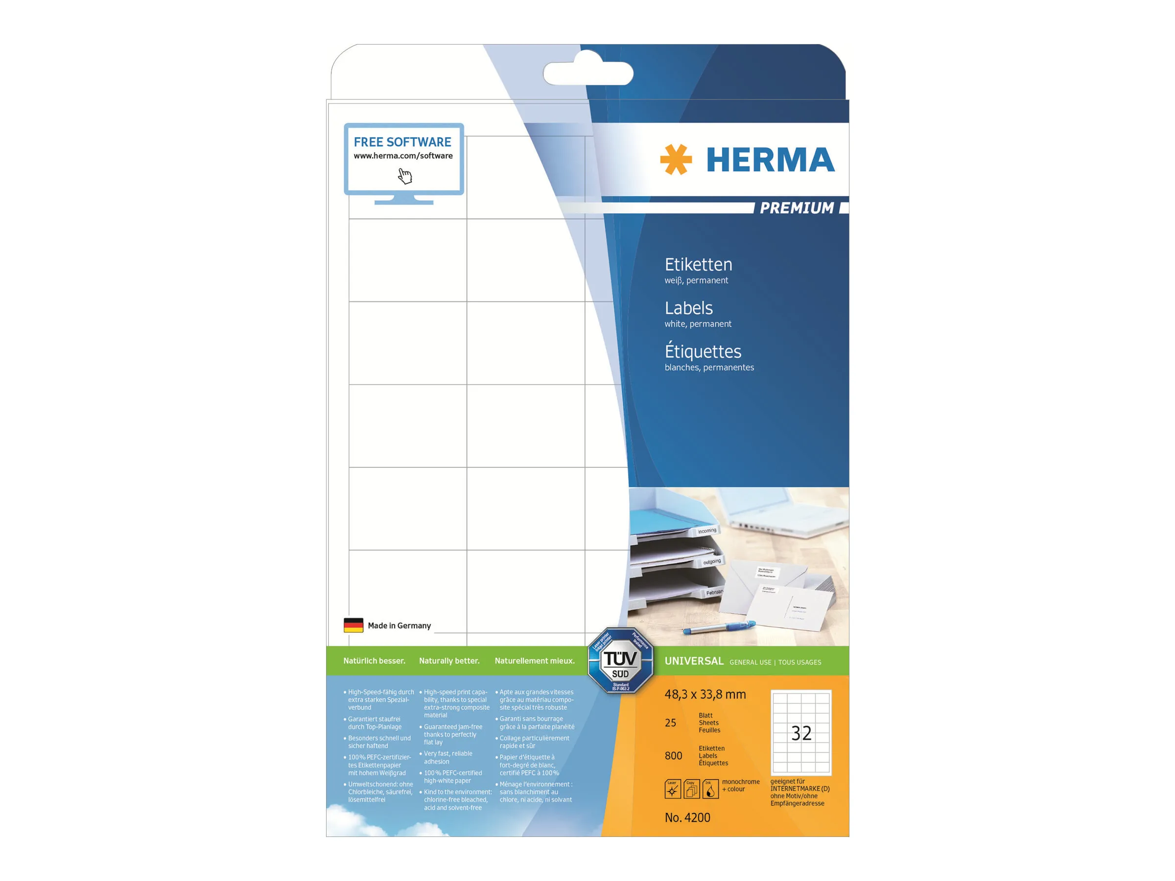 HERMA Premium - Papir - mat - permanent selvklæbende - hvid - 48.3 x 33.8 mm 800 etikette(r) (25 ark x 32) laminerede etiketter
