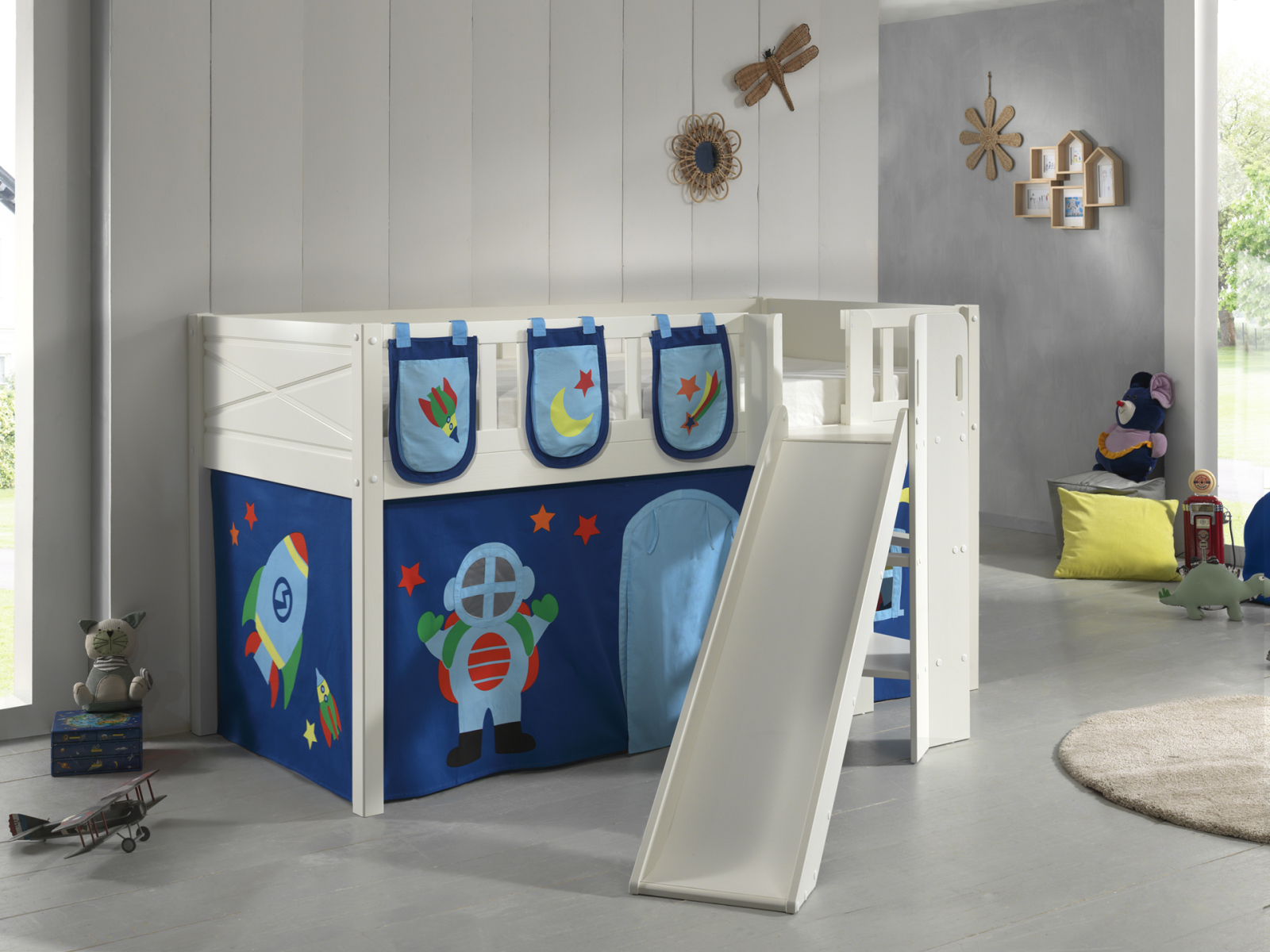 Spielbett SCOTT - weiß - Astro - mit Rutsche, Vorhang, Taschen und Leiter - 90x200 cm