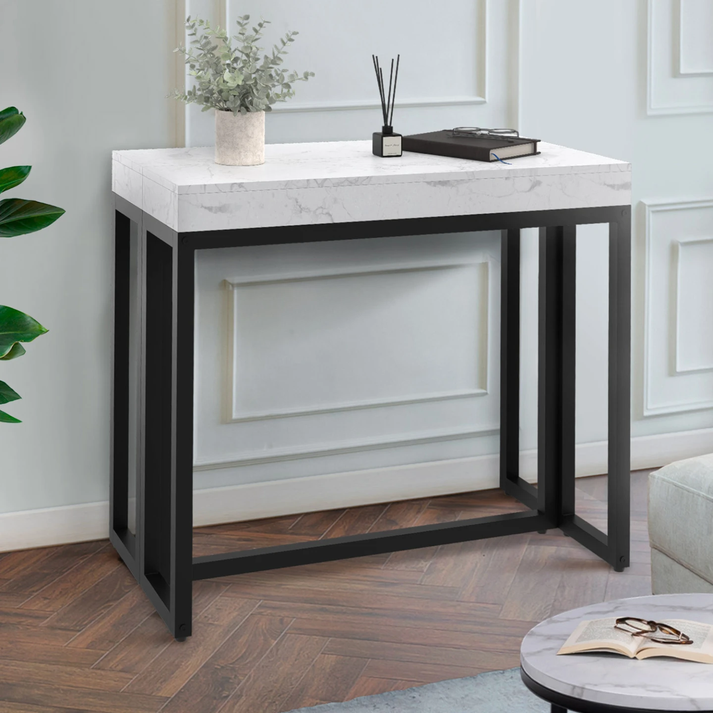 Table console extensible 10 personnes 235 cm plateau effet marbre blanc ALASKA