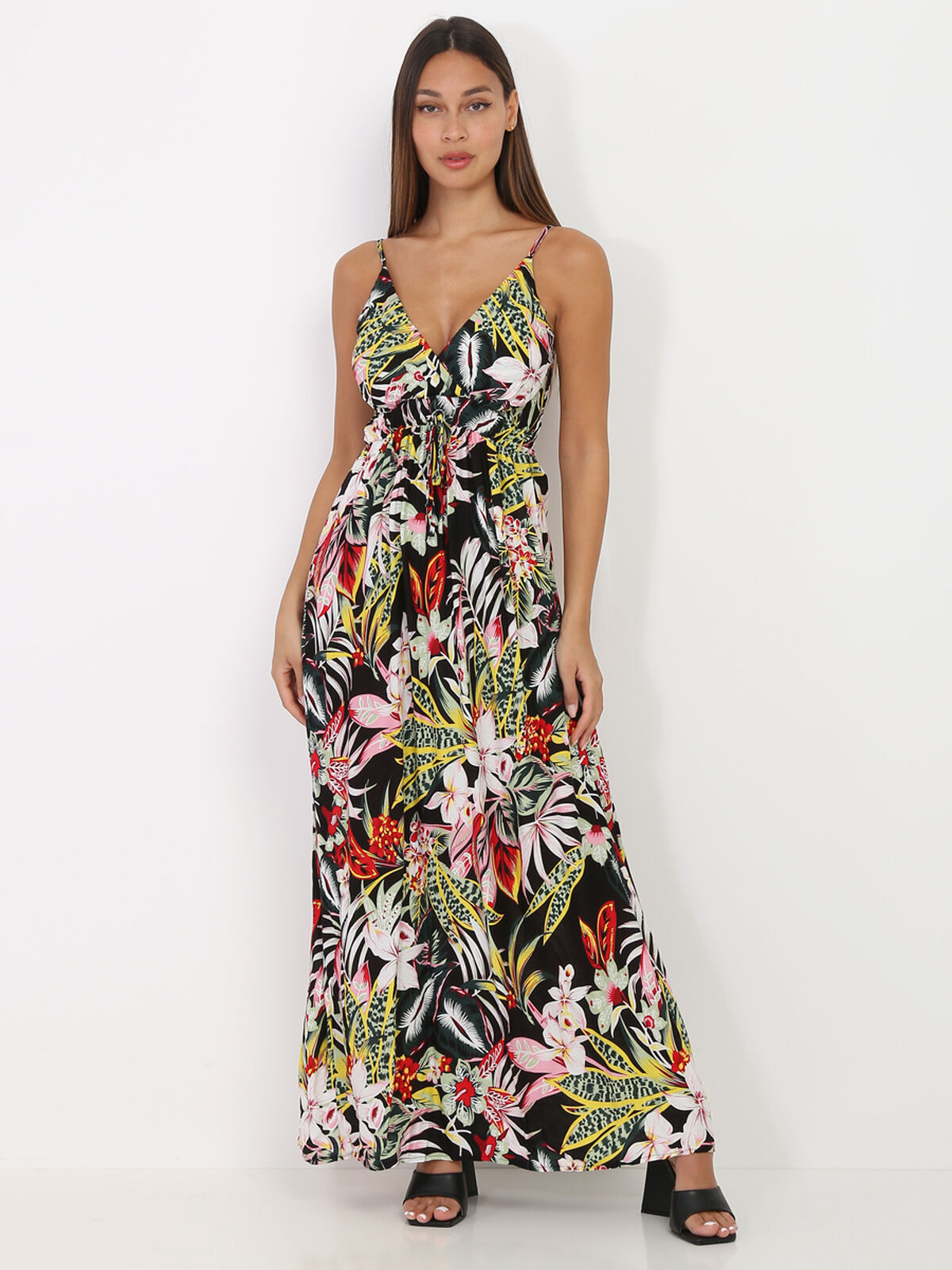 Robe longue fluide motif jungle- Noir