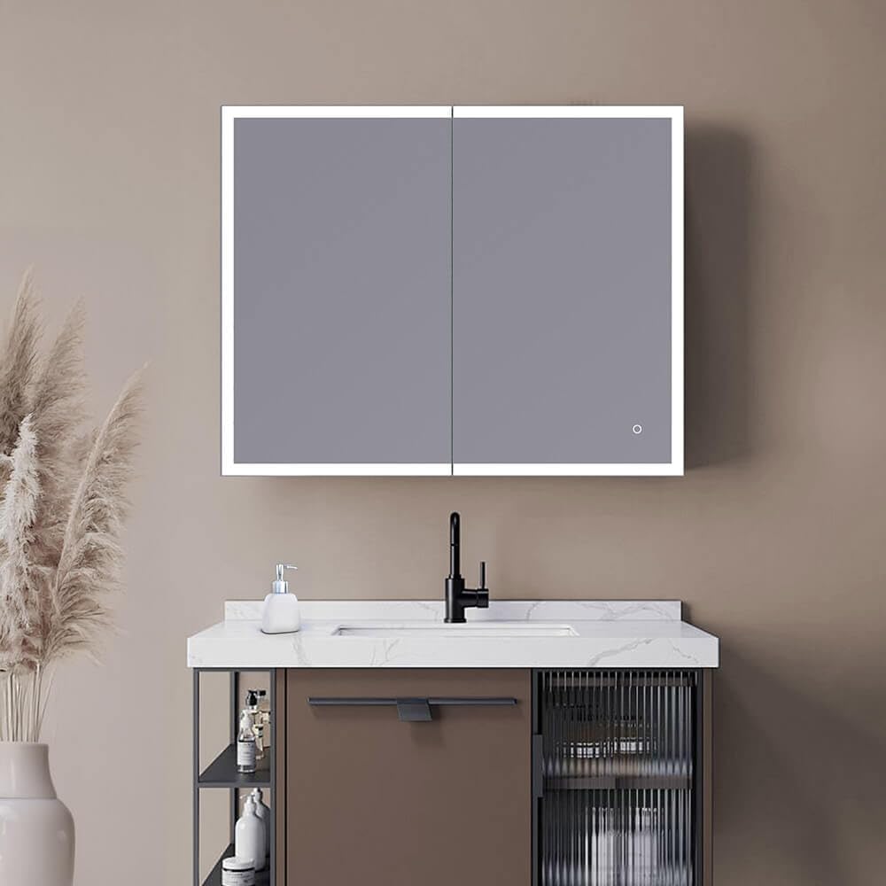 Home Deluxe LED-Spiegelschrank EVE Schwarz 100 x 80 cm I mit Steckdose, Bad, mit Beleuchtung und Steckdose, Beleuchteter Schrank mit USB-Anschluss
