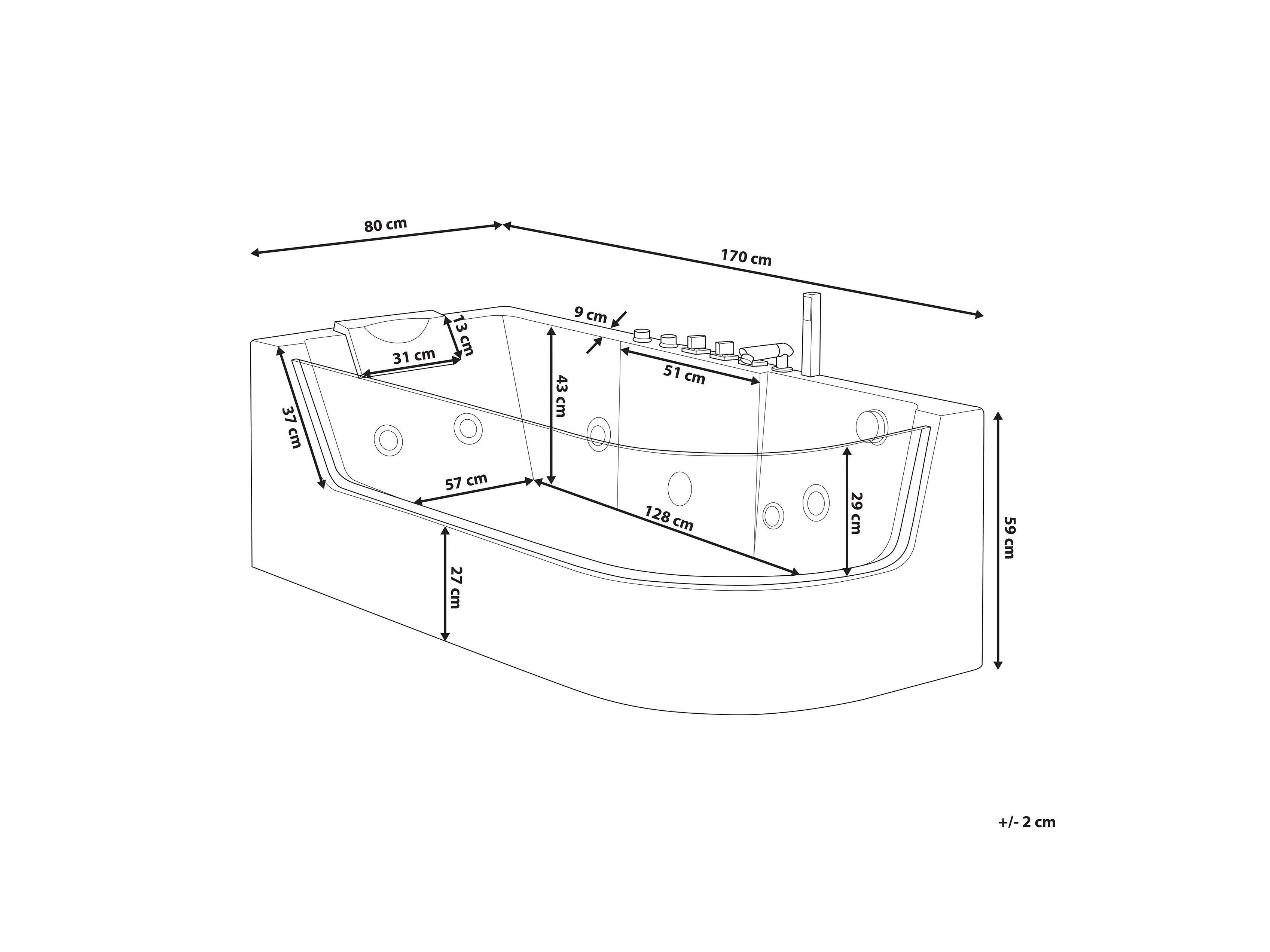 Hoek bubbelbad met LED ACUARIO rechtszijdig 170 x 80 cm Wit