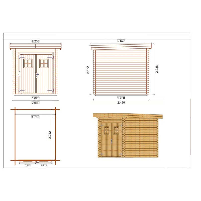 Abri de jardin en bois - 4,92m2 - 2x2,46m - traité - ep. 19mm - couleur: vert