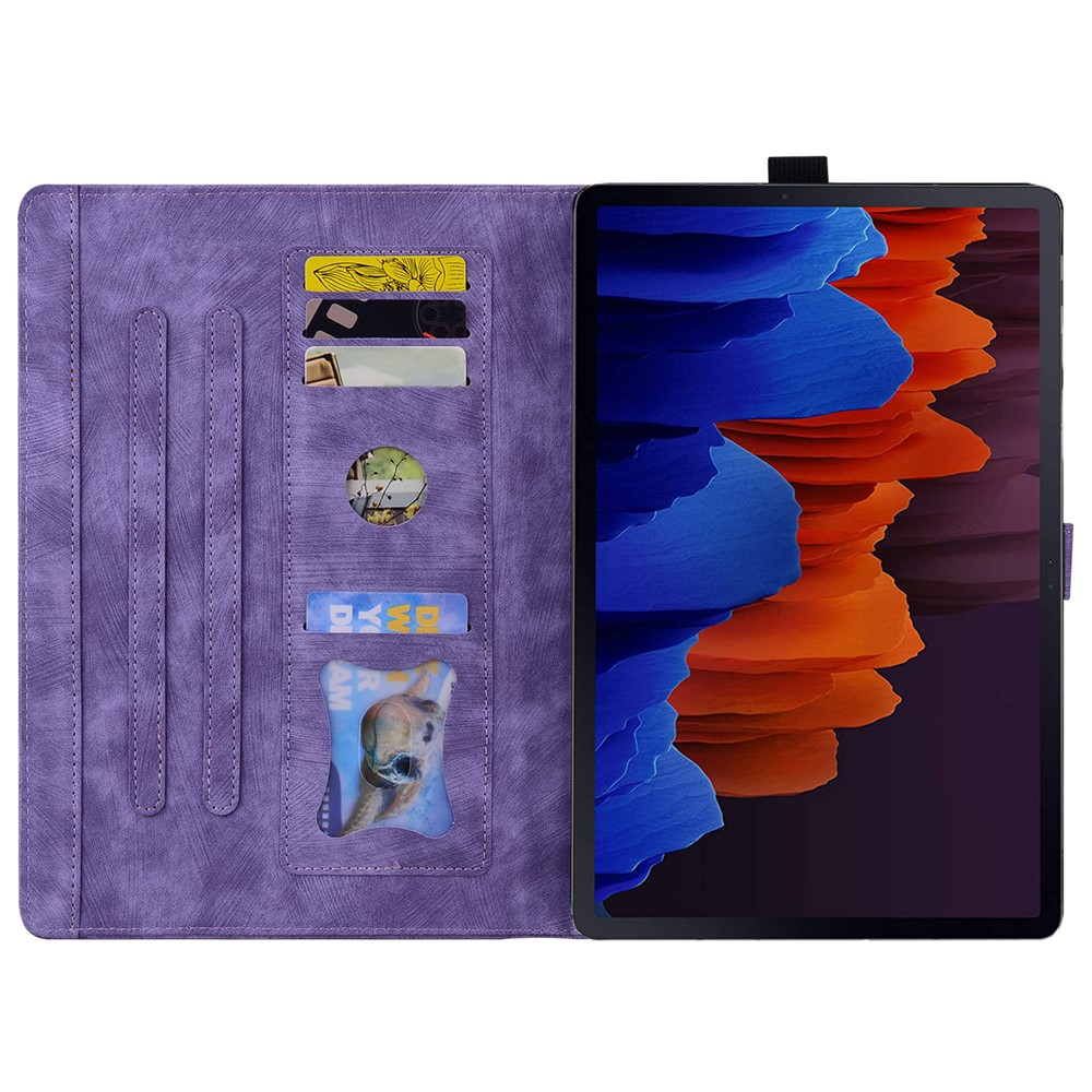 Samsung Galaxy Tab S11 Ultra Leder Tasche Flip Cover Blumen Imprint   S-Pen Halterung - Lila