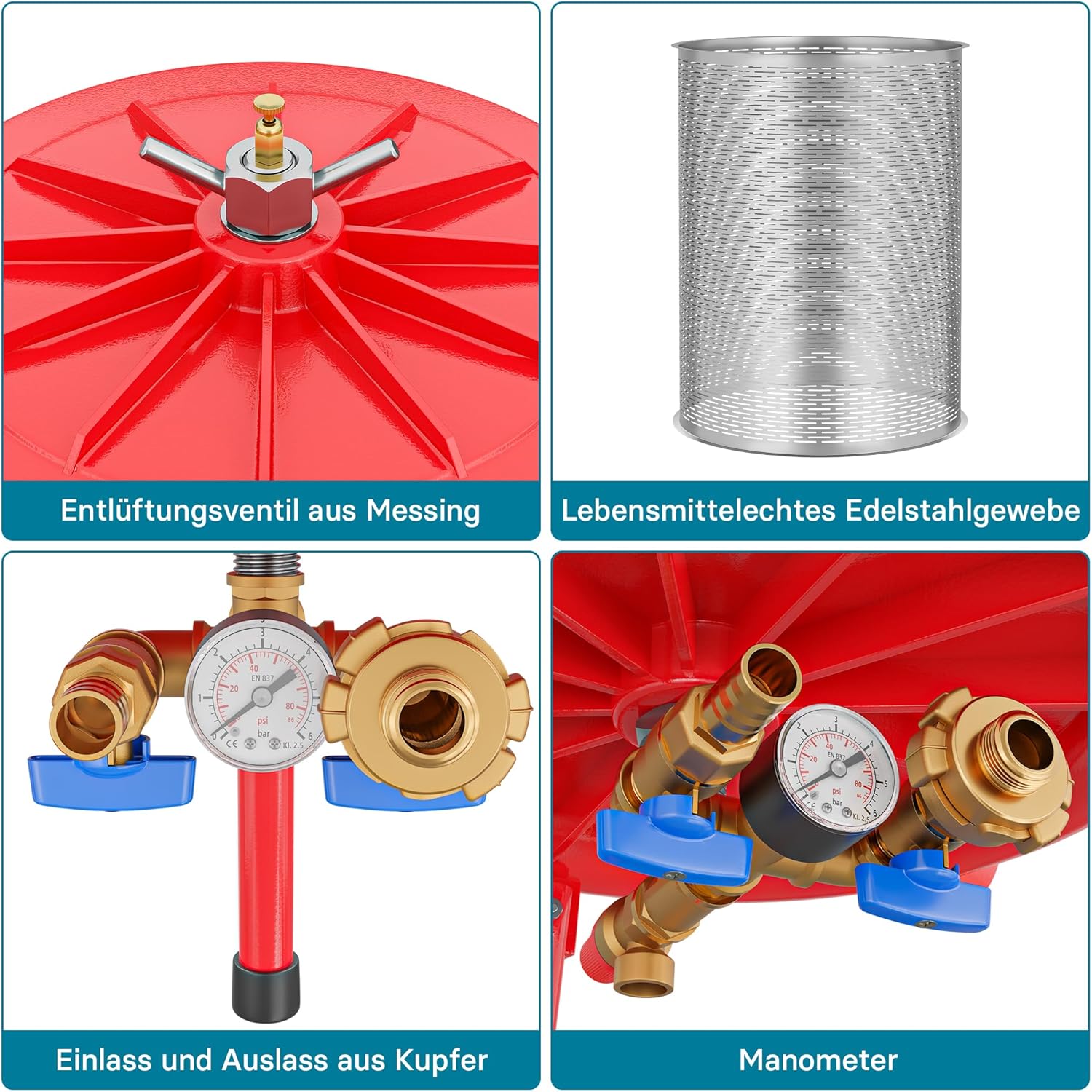Wiltec Edelstahl Hydropresse mit 40 Liter Korbinhalt, Wasserdruckpresse mit 3 bar zum Pressen von Obst