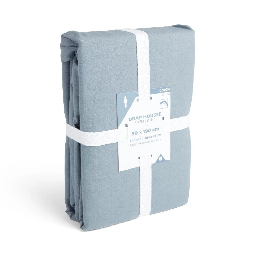 Drap housse 90x190cm 100% coton bleu chiné