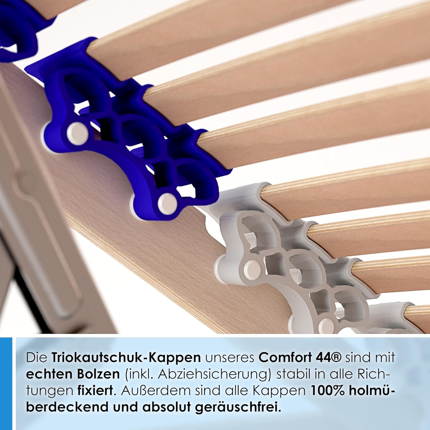 Stabiler Lattenrost 100% BUCHE - Kopf- und Fußteil verstellbar - SCHULTERFRÄSUNG, 7 Zonen, 44 Federleisten, Härte-Regulierung, Mittelgurt - Comfort 44® Vario - 100% fertig montiert (90x200cm)