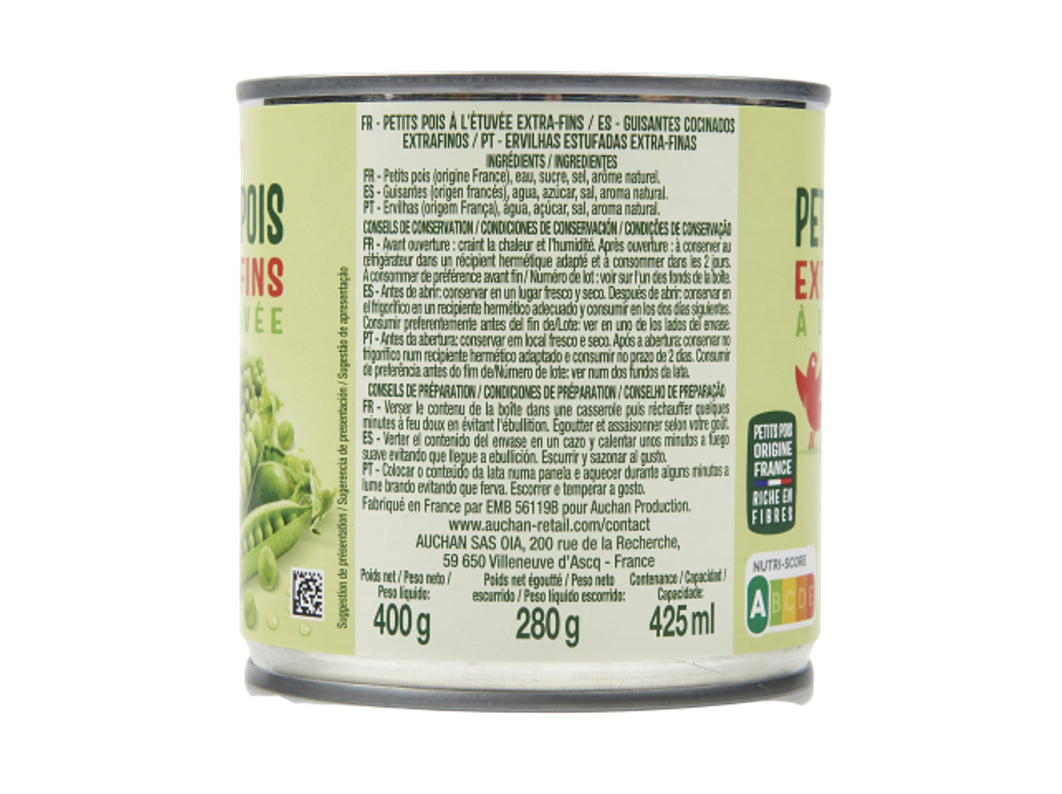 ERVILHAS AUCHAN EXTRA-FINAS LATA 400(280)G