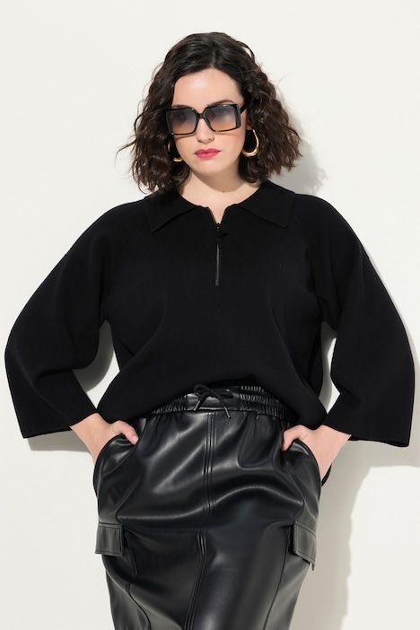 Pullover, Ziernähte, Polokragen, Zipper, 3/4-Arm