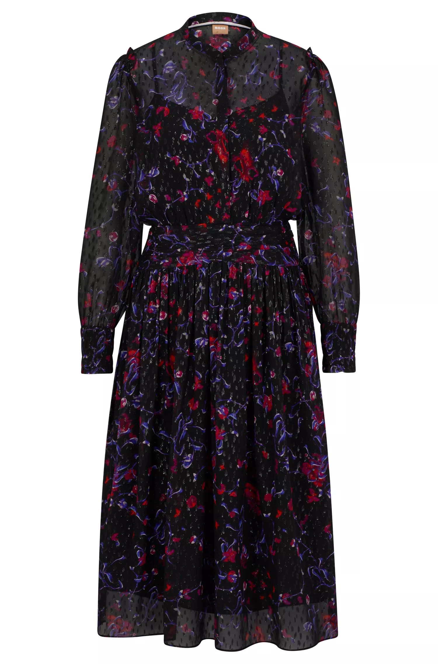 Vestido BOSS preto oversized com estampa floral em mistura de seda.