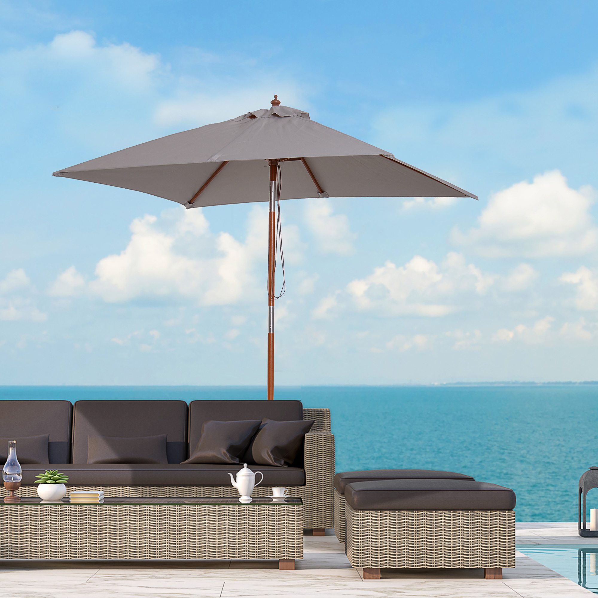 Guarda-sol de jardim retangular Outsunny 200x150x235 cm com ângulo ajustável, proteção UV, impermeável e haste de madeira para praia, pátio e uso externo, cinza.