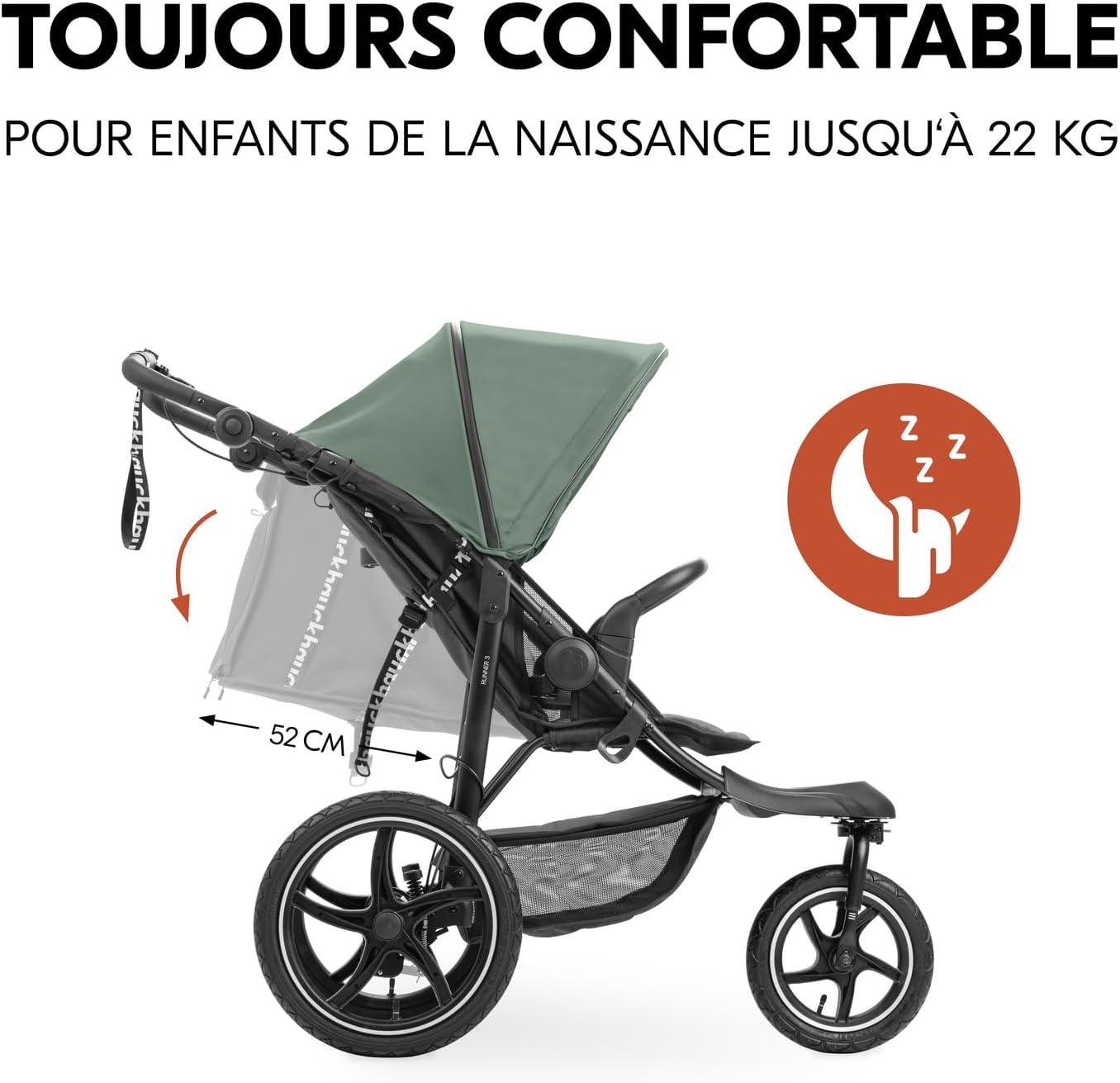 hauck Poussette 3 Roues Runner 3, Tout Terrain avec Roues XL Gonflables, Jusqu'à 22 kg, Frein à Main, Suspension, Canopy UPF 50+, Pliable, Panier, Position Allongée, Porte-Gobelet (Jungle Green)