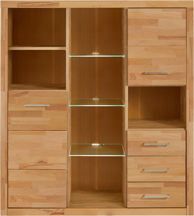 Home affaire Highboard »Ribe,130cm breit145cm hoch,Fronten Massivholz,12 Fächer« Korpus  aus Holzwerkstoff, Metall Griffe,Böden versetzbar