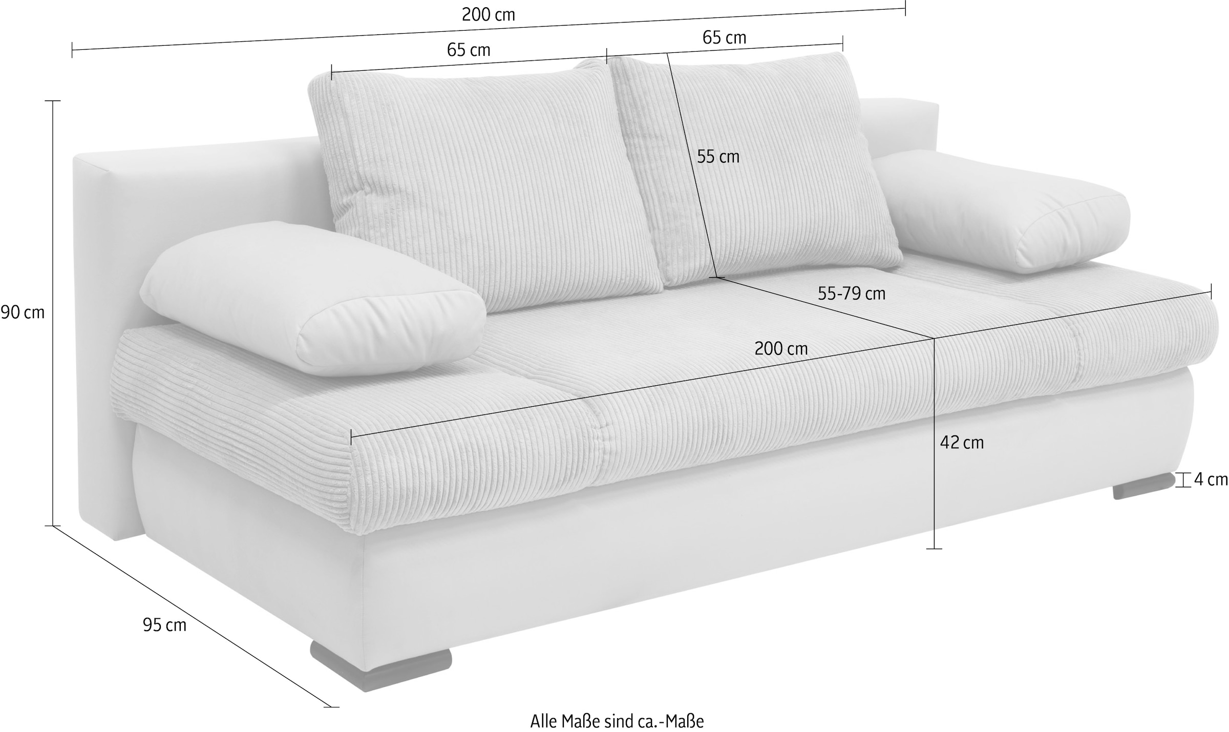 COLLECTION AB Schlafsofa »Chicago, B: 200 cm, Liegefl. 146x200 cm« mit Bettfunktion, Bettkasten & 2 Armlehnenkissen, Federkern