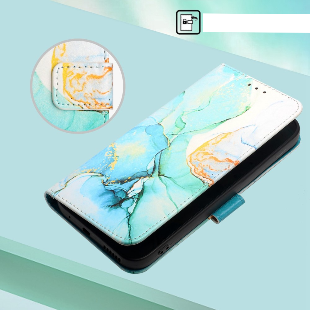 iPhone 12 / iPhone 12 Pro Leder Tasche mit Kartenfach   Handschlaufe Marble Marmor - Grün / Blau