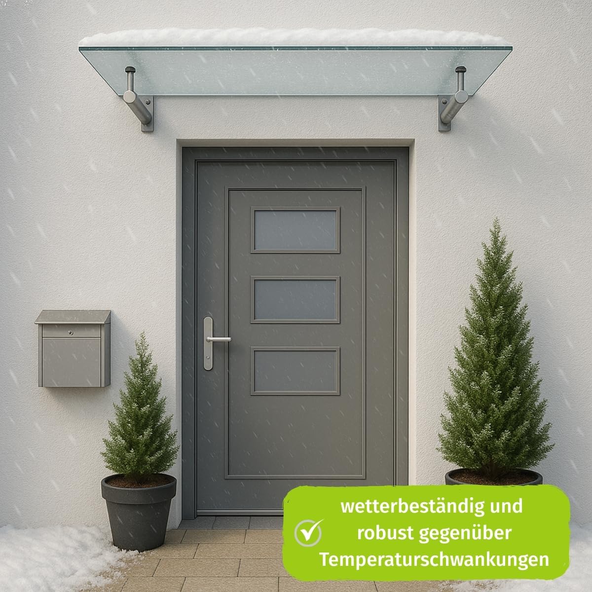 HORI Vordach für Haustür - Eingangstür Überdachung UV-Schutz - Sicherheitsglas Edelstahl Träger Silber - Pultvordach Eingangsbereich - Sonnenschutz wetterfest pflegeleicht - Silber 140 x 80 cm