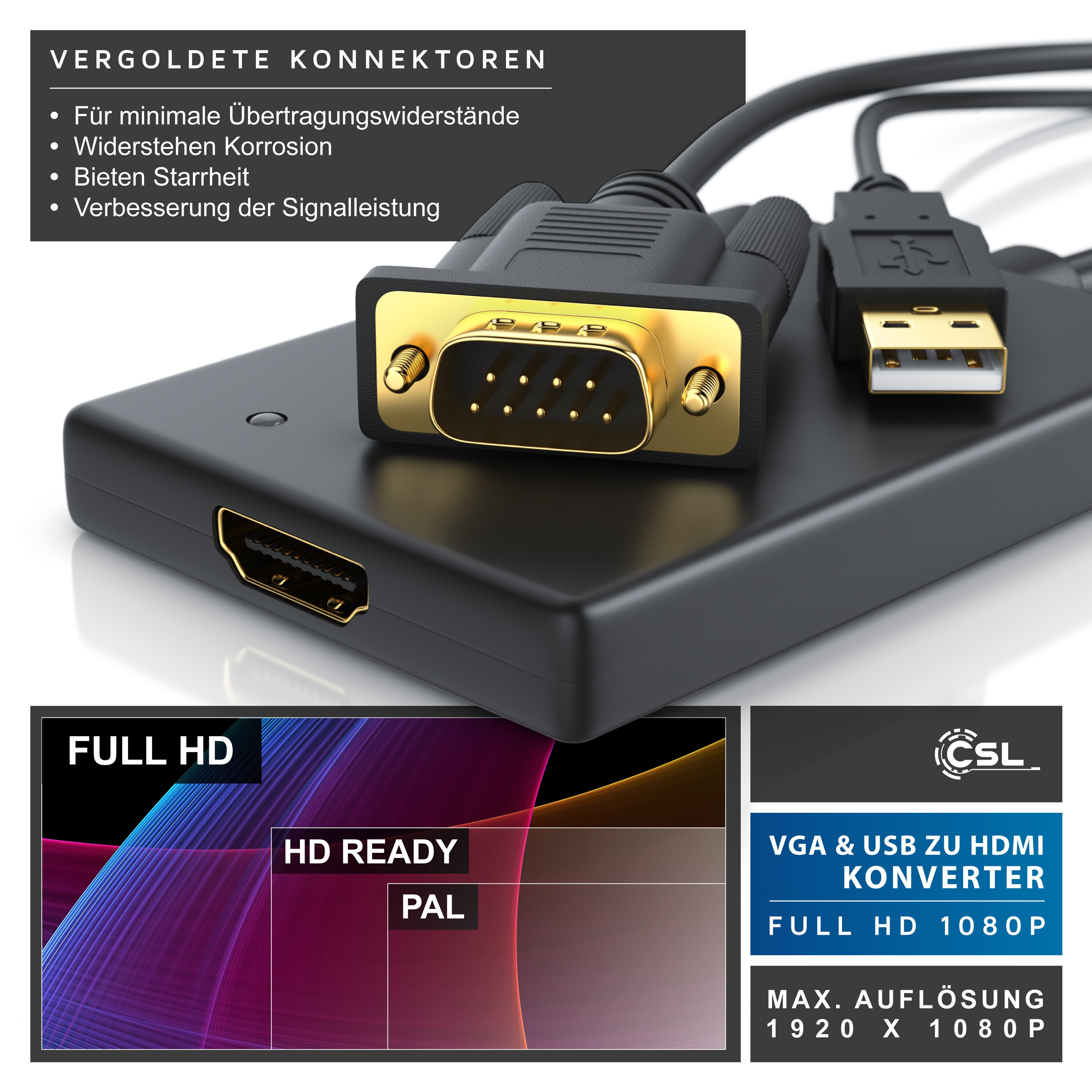 CSL Audio- & Video-Adapter VGA, USB Typ A zu HDMI, VGA zu HDMI Adapter, Konverter Kabel 1920x1080 Full HD 1080p