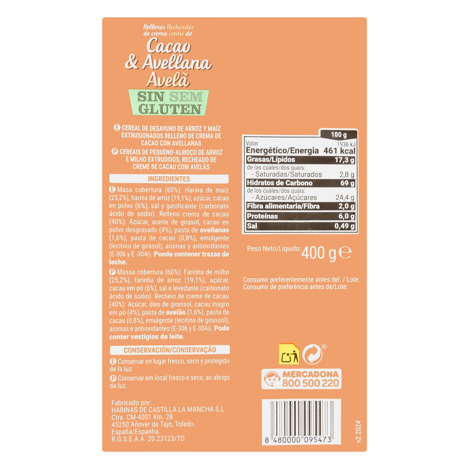 Céréales sans gluten Hacendado fourrées à la crème de cacao et de noisettes