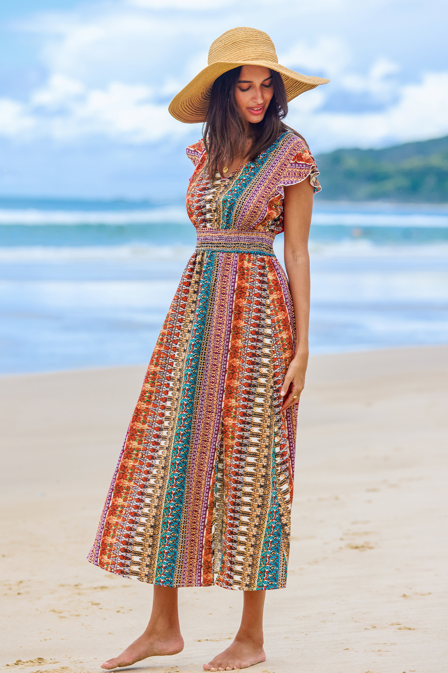 Robe maxi à col en V et manches à volants boho