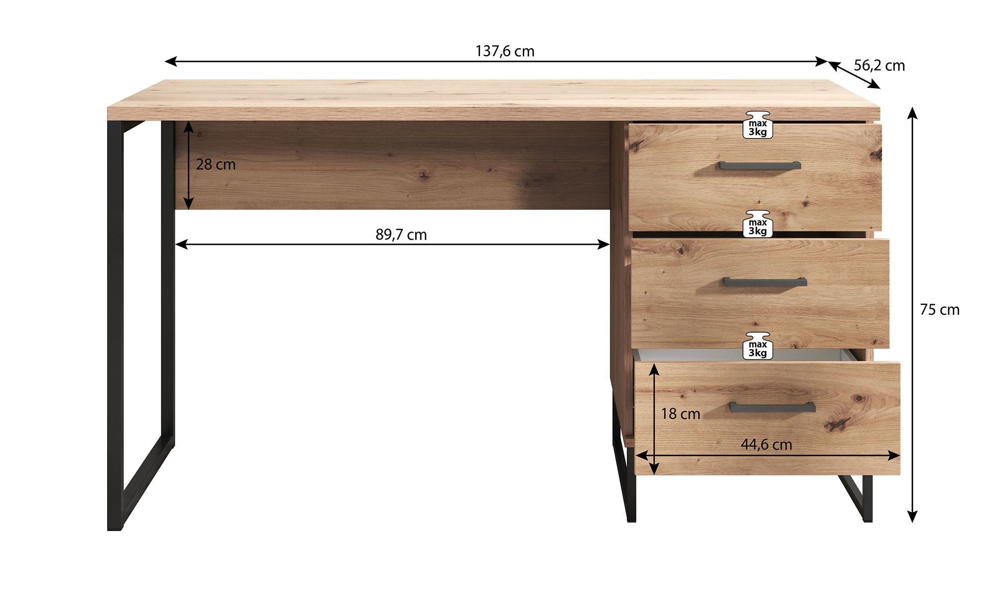 Meubella - Bureau Saturn - Eiken - Zwart - 138 cm