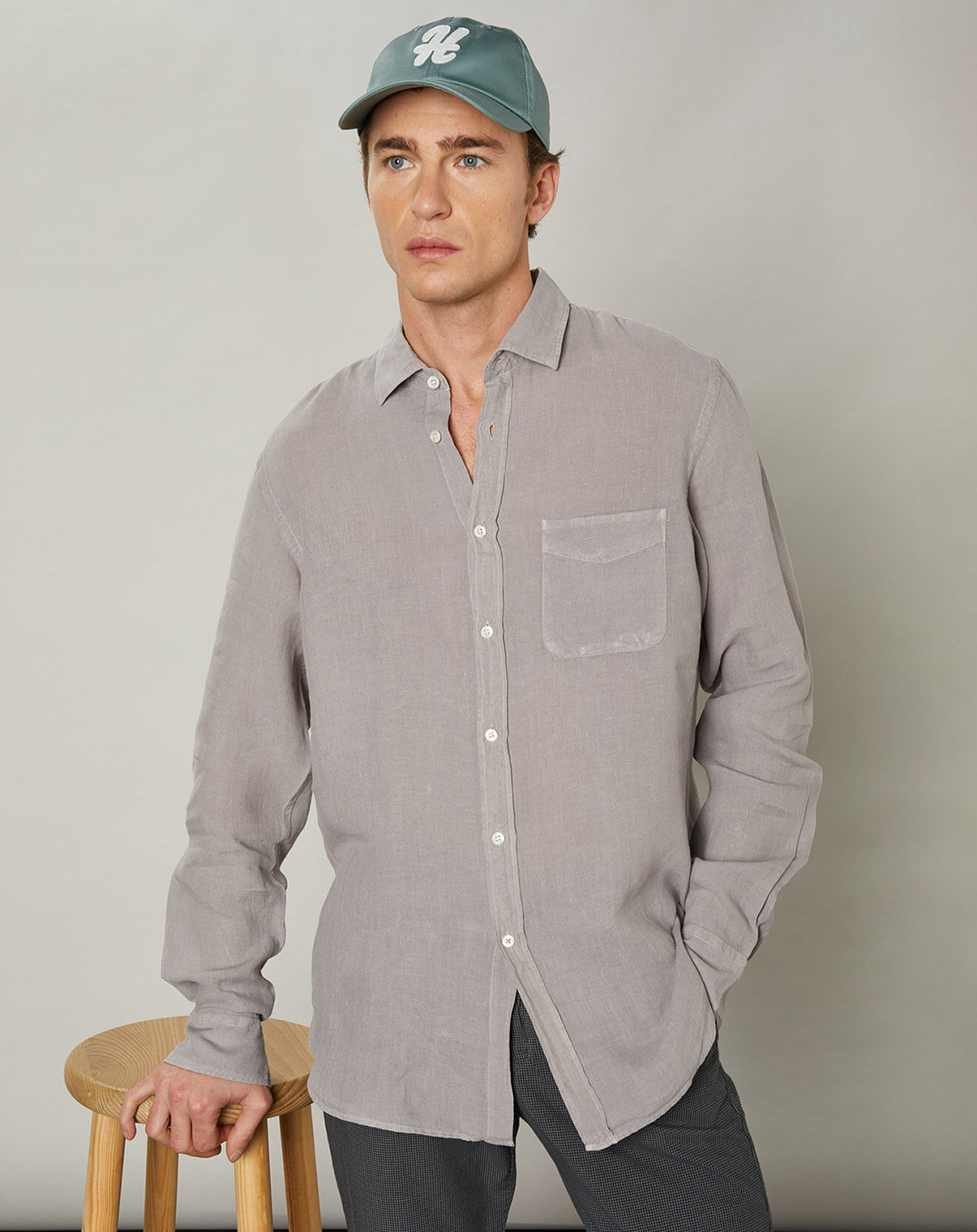 Hartford Chemise slim 100% Lin Storm Pat vert sage