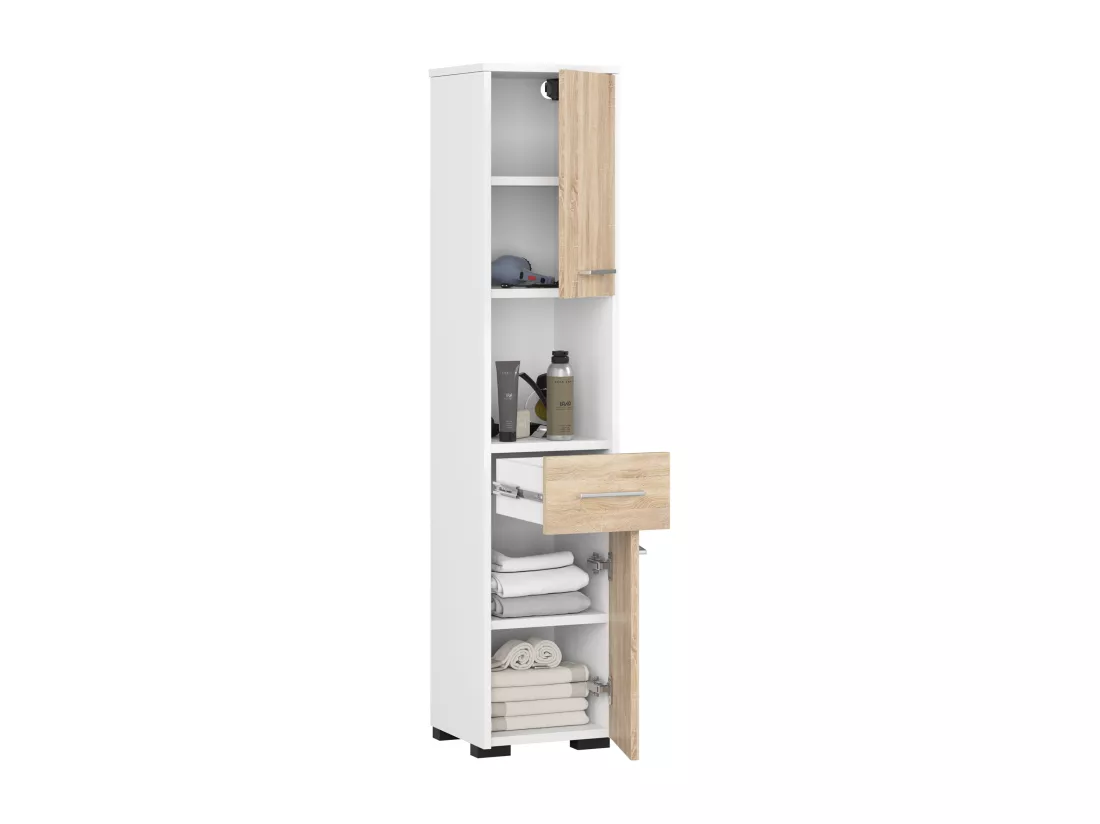 Colonne salle de bains AKORD FIN Blanche 30 cm 2 portes 1 tiroir façade Chêne Sonoma 5 étagères 30x30x140 cm