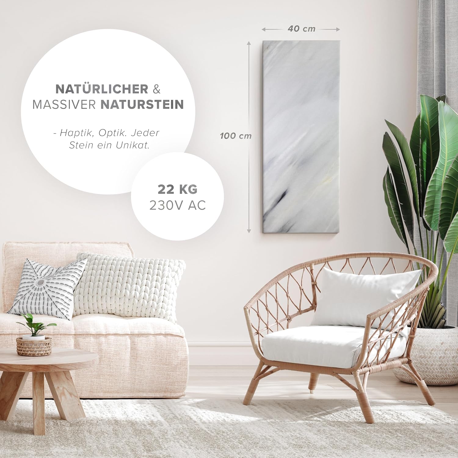Naturstein Infrarotheizung 800 Watt Bianco – Massive Wandheizung aus echtem Naturstein, energiesparend & leise, inkl. Digitalthermostat, Made in Germany mit 5 Jahren Garantie