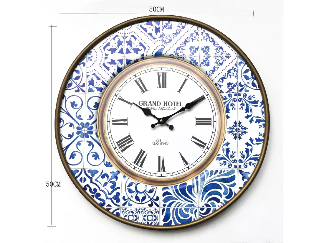 Horloge Décorative Metal Blanc Bleu Analogique 50x50x4,5
