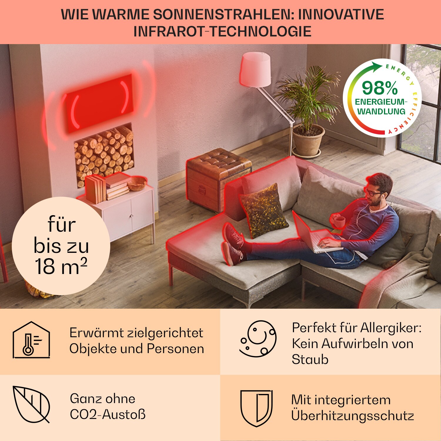 La Palma 900 smart Infrarotstrahler Konvektor 40x160cm 900W Spiegel Standfuß