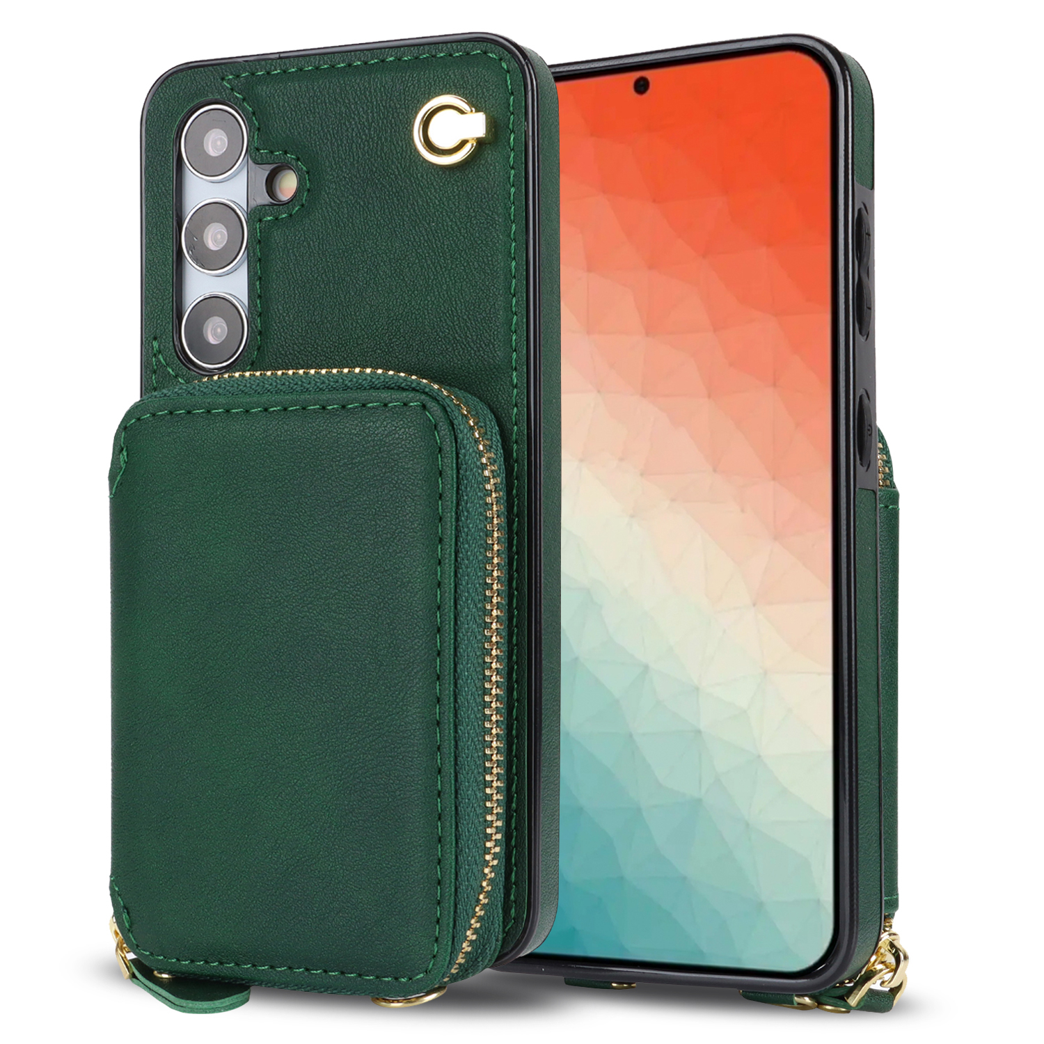 Samsung Galaxy S24  Plus Necklace Leder Schutz Hülle mit Kartenfächer   Handykette (140cm) - Dunkelgrün