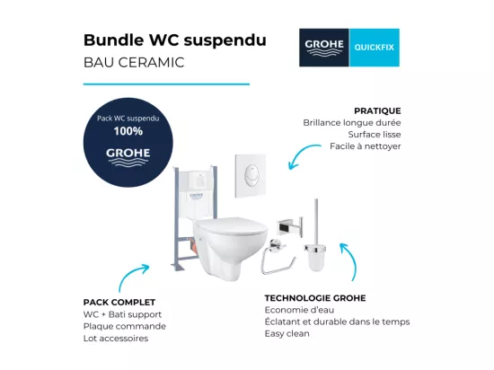 Pack WC sans bride Bau Ceramic avec abattant slim + Bâti support WC Rapid SL + plaque de commande Start blanc alpin + Accessoires