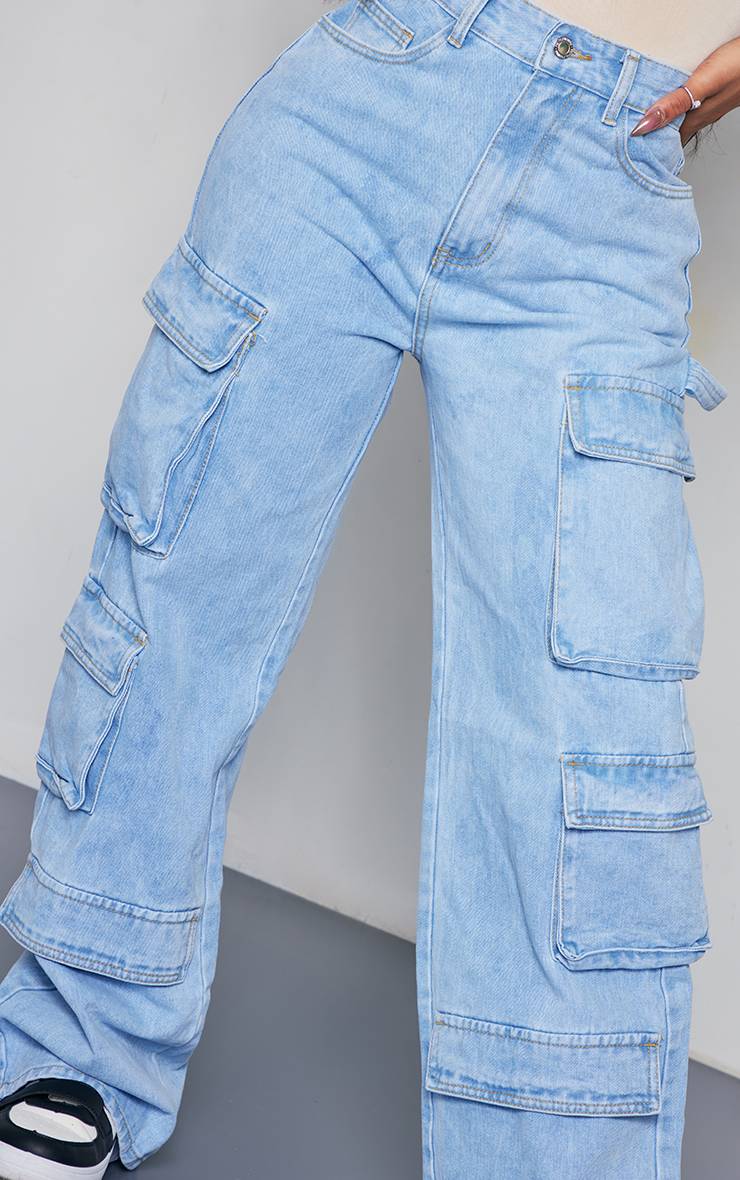 Light Blue Wash Jean Cargo Shape Taille Haute Coupe Large À Poches
