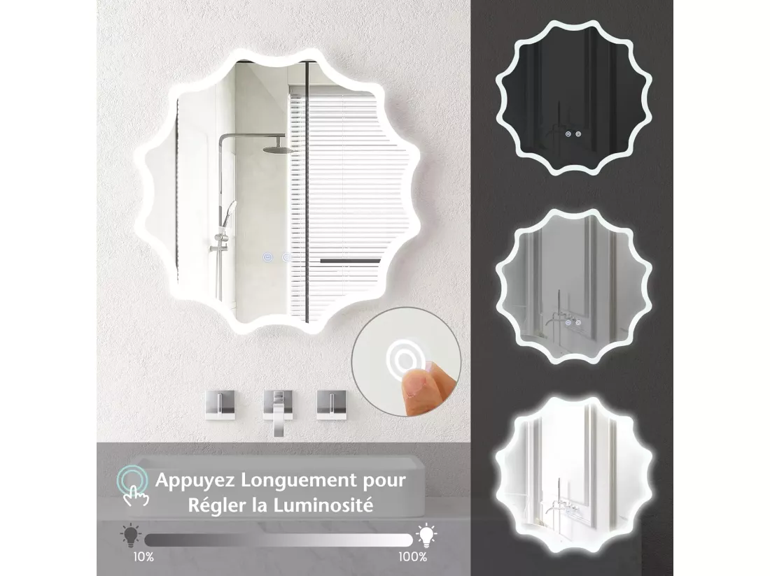 Miroir de salle de bain à led φ60 cm, 3 couleurs & luminosité réglable