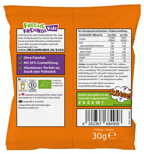 Freche Freunde Kids Bio Crunchy Bits mit Cremefüllung Haselnuss & Kakao