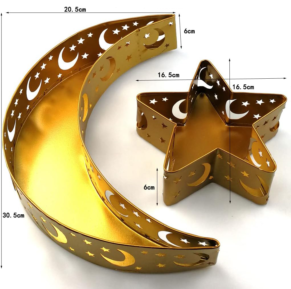 (2er Set) Edelstahl Ramadan Serviertablett Eid Mubarak Home Deko Schale Ablage Mond / Stern - Gold
