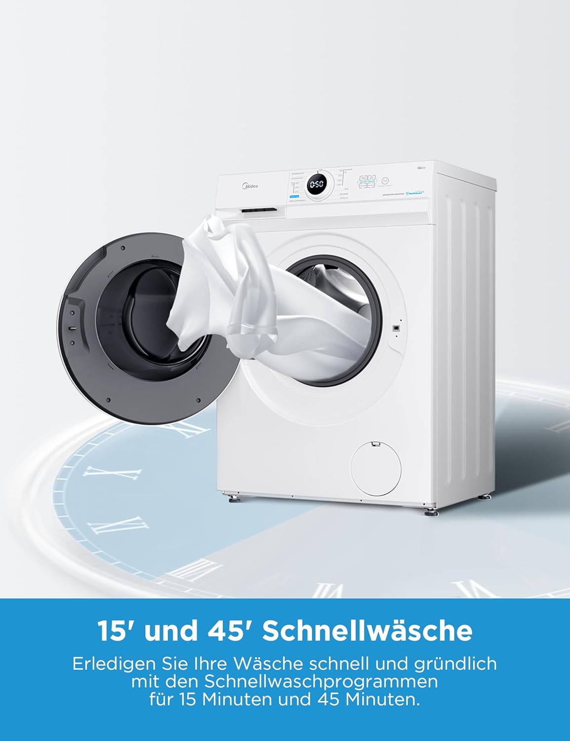 Midea MF10EW100B Waschmaschine / 10kg / 1400 U/Min/EEK A/Inverter Quattro Motor/Dampffunktion/Grosse Trommel/Nachlegefunktion/Kindersicherung/AquaStop, Weiß