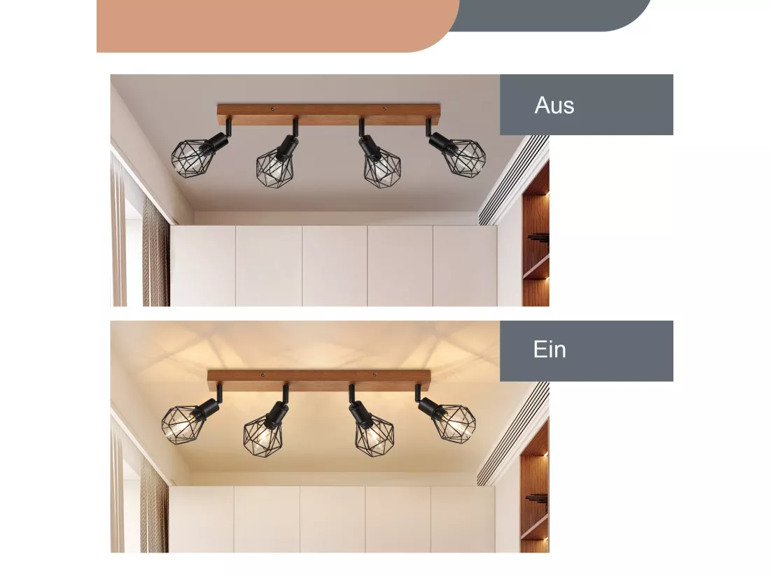 NETTLIFE 4 spots de plafond noir E14 bois vintage métal, plafonnier orientable à 350° pour intérieur chambre salon salle à manger cuisine max 25W