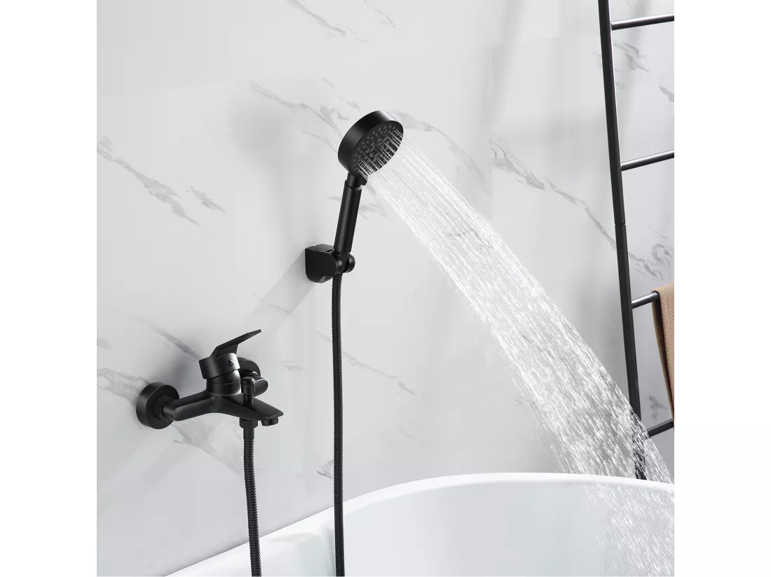 Mitigeur Baignoire Noir,Robinet Baignoire avec Douchette 5 Jets/Flexible de Douche (1.5m) Support, Mitigeur monocommande Douche Mural