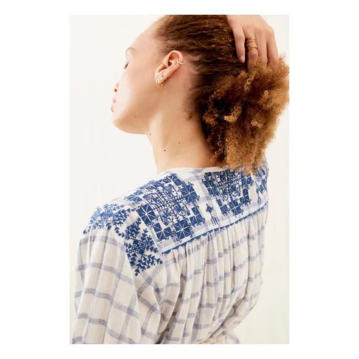 Louise Misha Robe Deepali Carreaux Coton Bio et Lin - Collection Femme | Bleu