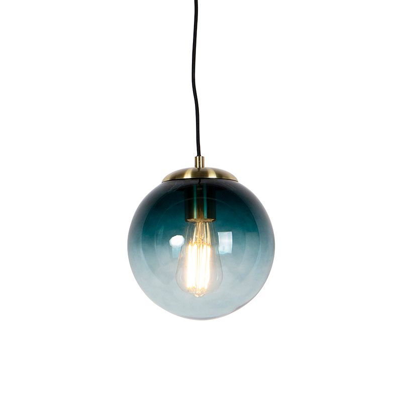 Art deco hanglamp messing met oceaanblauw glas 20 cm - Pallon
