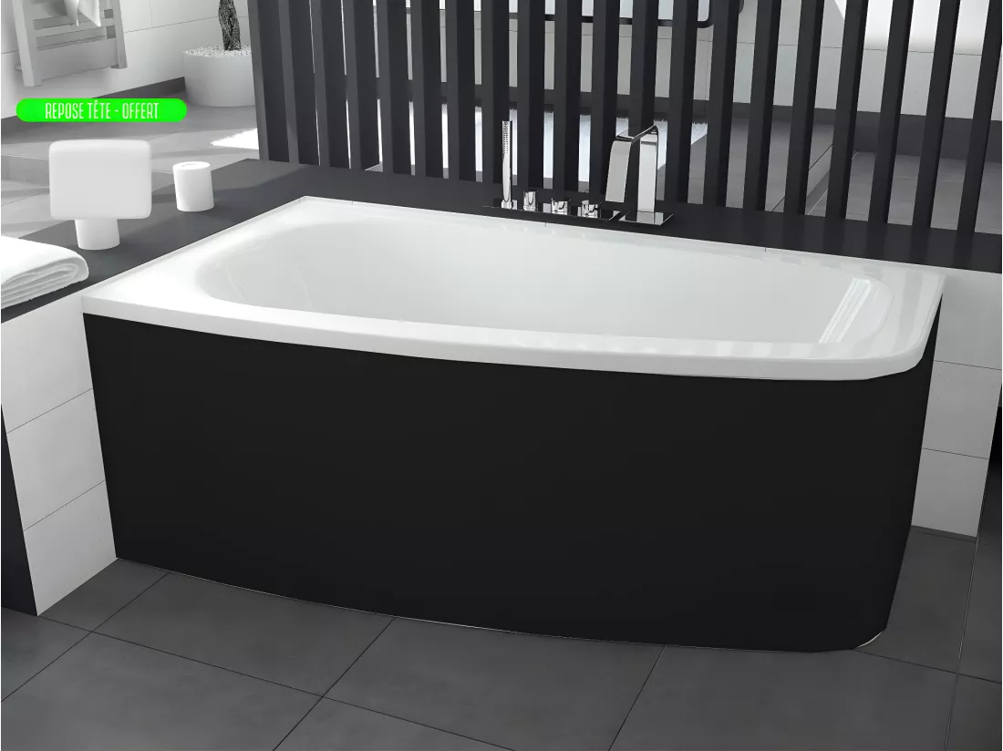 Baignoire asymétrique + tablier noir + repose tête - LUNA - 150 x 80 cm - Gauche