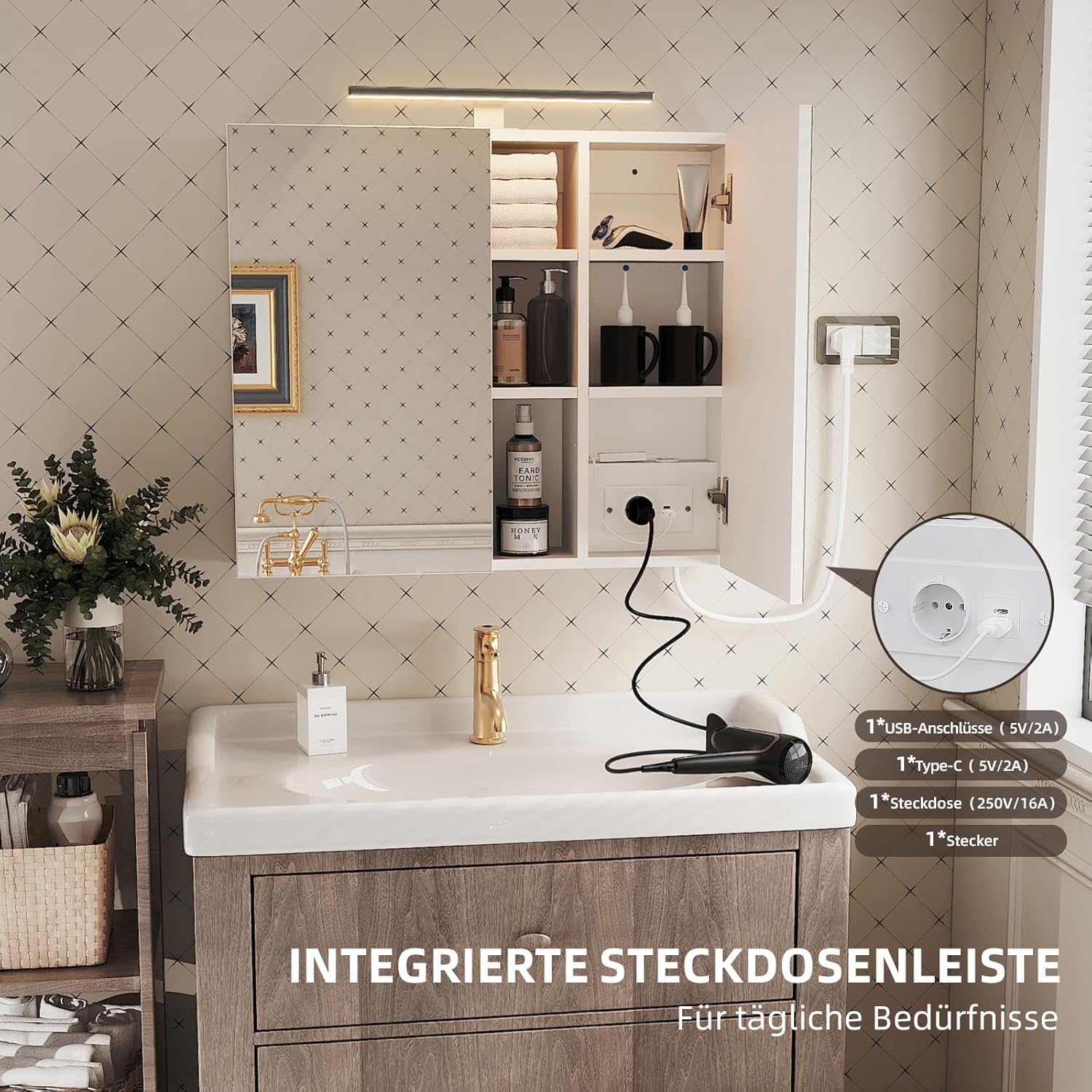 Spiegelschrank für Bad mit Beleuchtung 70x60 cm 2 Türen Badezimmerspiegel mit Steckdose höhenverstellbare Einlegeböden Wandspiegel mit Stauraum Badschrank mit Spiegel für Badezimmer (70x60cm)