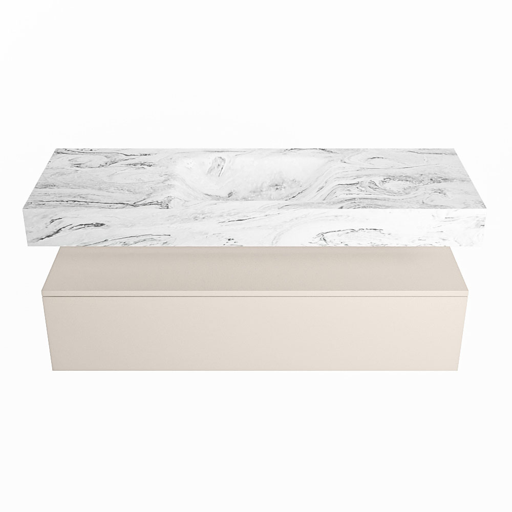 Mondiaz Alan DLux badmeubel 130cm linen 1 lade met wastafel glace midden 1 kraangat
