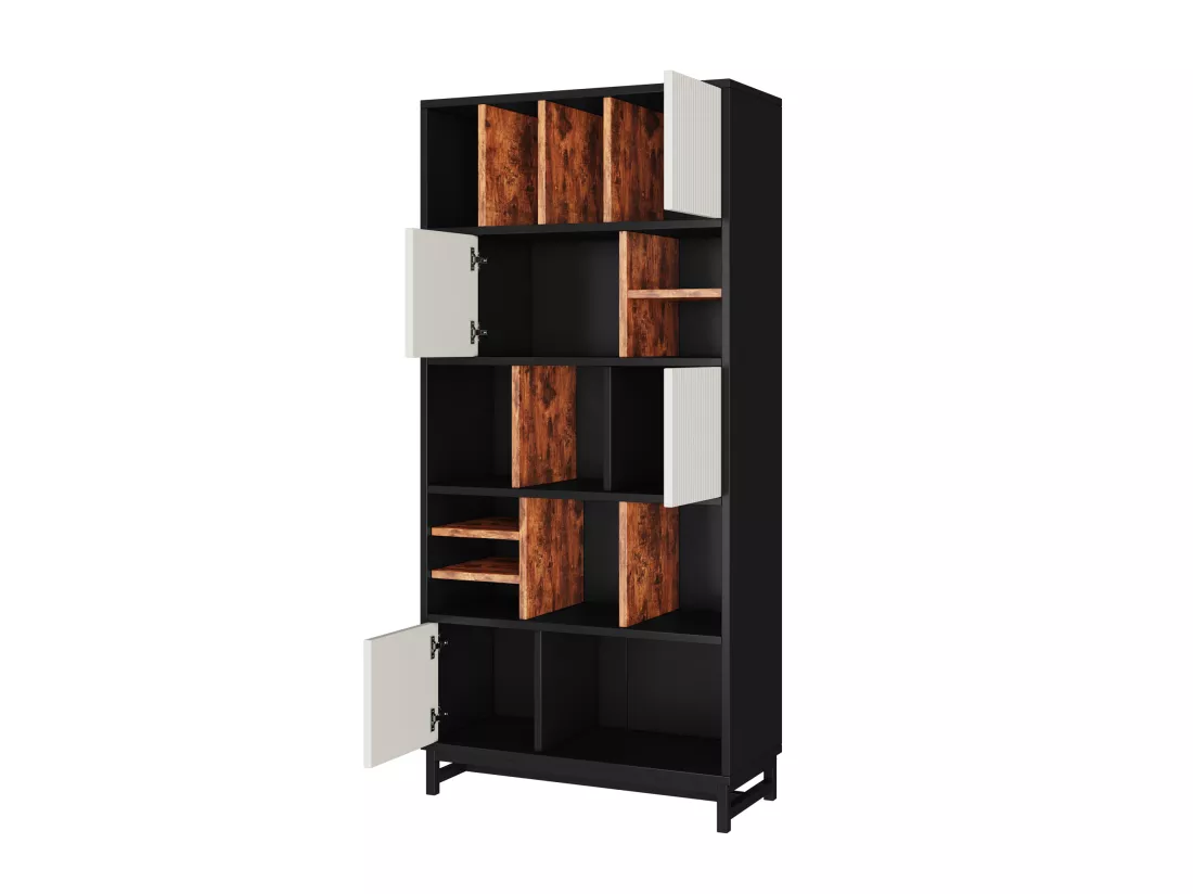 Bibliothèque avec 4 portes et 5 étagères - 80 x 35 x 165 cm - Bois MDF - Noir et blanc