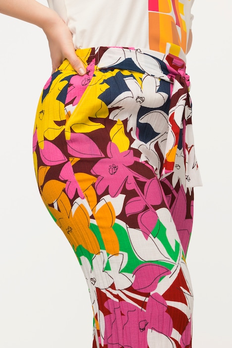 7/8-Hose, Leinenoptik, Blumen, weites Bein, Komfortbund