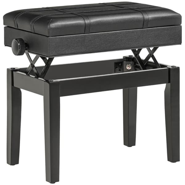 Pianobenk Høydejusterbar Pianokrakk Med Lagringsplass, Skinnpute, Svart, 63X35X46-56 Cm