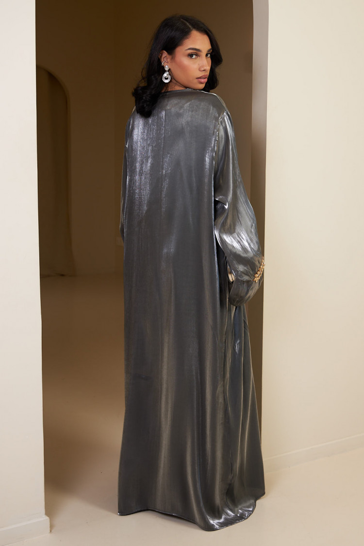 Ensemble 2 pièces abaya + gilet + voile satinée et pailletée gris